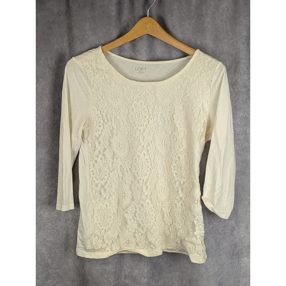 Loft Outlet Womens Small Ivory Cream Floral Lace Front 3/4 Sleeve Scoop Neck Top